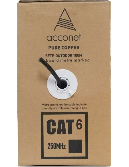 Acconet CAT6 UV Outdoor Ethernet Cable 100m Black Solid Core SF/TP Pull Box | CAT6U-100-SC Acconet CAT6 UV Outdoor Ethernet Cable 100m Black Solid Core SF/TP Pull Box | CAT6U-100-SC